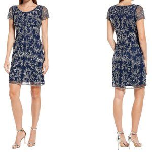 PISARRO NIGHTS Navy Beaded Mesh Cocktail Dress Size 14 NWT Flaw D-2309 0014